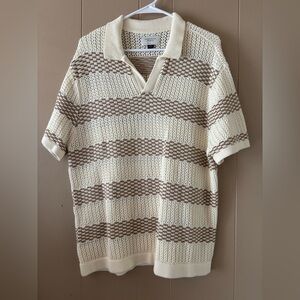 Men's American Eagle Cream and Brown Striped Top